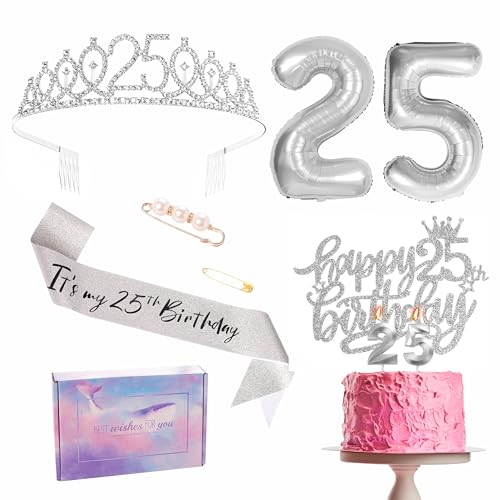 Silver 25th Birthday Decorations for Girl 25th Birthday Sash Tiara Set, 25th Birthday Party Pack Sash Crown Number 25 Foil Balloons Birthday Cake Topper Candle, 25th Birthday Gifts for Girl Her