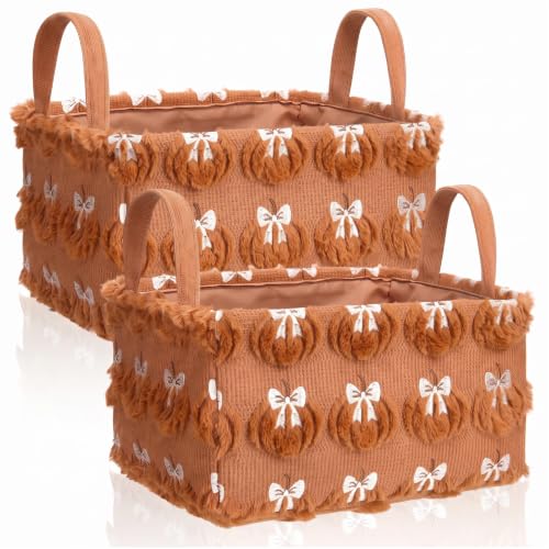 Image of 2 Pcs Pumpkin Bow Storage Basket 14x10'' Fall Pumpkin Storage Bin | Back to School Gift, Fluffy Plush, Closet Organizer with Handle, Thanksgiving, Halloween, Home Office Laundry Car Shelves