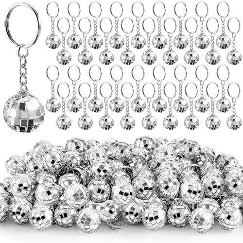 Henoyso 96 Pcs Mini Disco Ball Keychains Bulk Silver Mirror Disco Ball Party Favors 70s 80s 90s for Party Halloween Christmas New Year Decorations 0.8 Inch in Diameter
