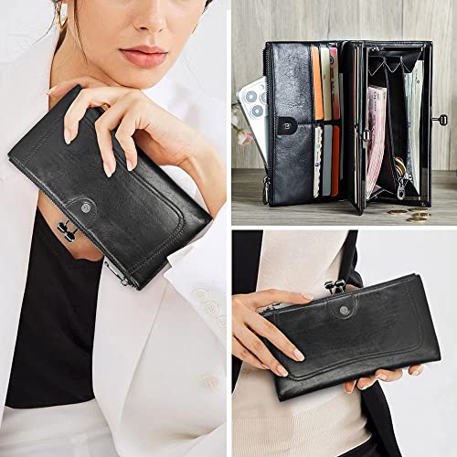 Image of CONTACTS Full Grain Leather Kiss Lock Wallet for Women Vintage Clutch Wallet RFID Bifold Phone Wallet Card Holder