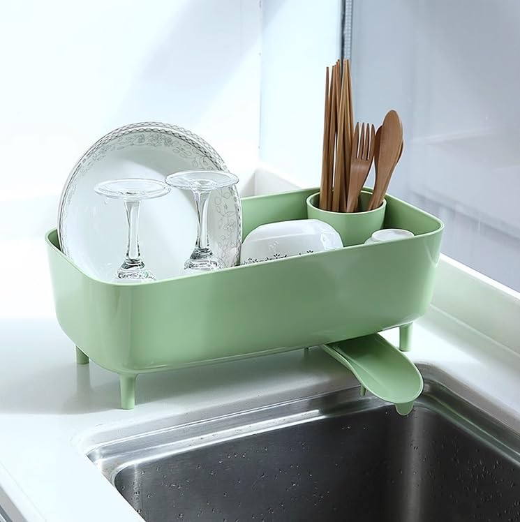 Produktbild von Multifunktionale Geschirr-Trockenbox Mit Deckel – Grün, Größe L, Platzsparend Mit Abtropfsystem