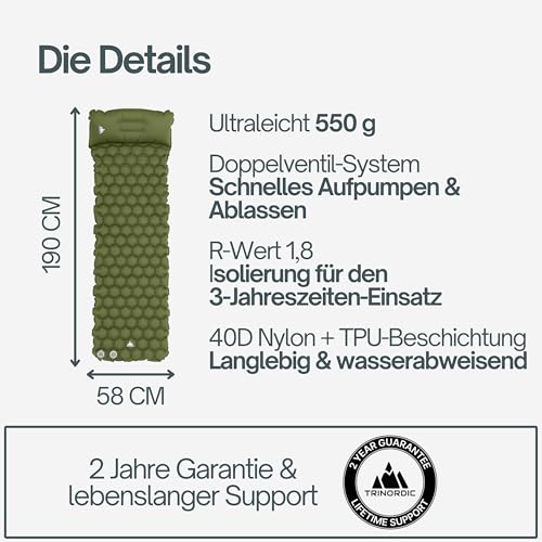 TRINORDIC 550g Ultraleichte Aufblasbare Isomatte - Mit Aufblasbarem Kissen - Camping Matratze mit Kleines Packmaß für Outdoor, Camping, Wandern & Bikepacking