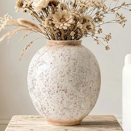 Large Round Ceramic Vase, 9.8“ H, Red White Speckled | Rustic Far...