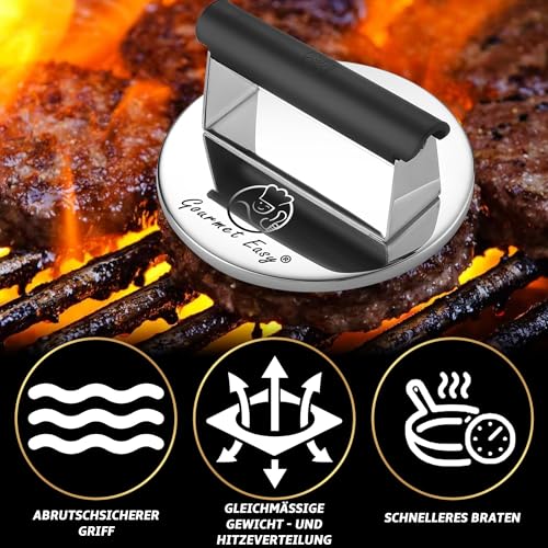 Foto von Burgerpresse Edelstahl | Burger Smasher mit hitzeresistentem Griff | Spülmaschinenfeste Burgerpresse | Professionelle Patty Presse perfekt zum Grillen/Braten von Fleisch | Smash Burger Presse