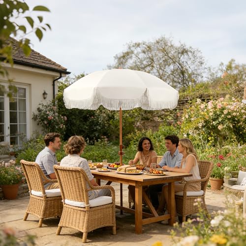 Seazul Patio Umbrella with Fringe, Beach Umbrella, Fringe Umbrella Outdoor Patio with Hanging Hook, Tilting Aluminum Pole, UV 50+, Fiberglass Ribs, Elegant Cream, 6.5ft image 5