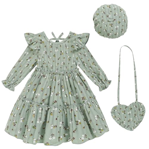 Toddler Girl Dress Kids Long Sleeve Ruffle Dresses Fall Winter Outfit Hat Bag Floral Girls Casual Playwear Dress