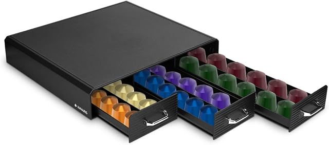 Navaris Coffee Pod Holder with 3 Drawers - 48 Capsule Storage Organiser Tray Container Box Stand - Compatible with Most Standard Sizes of Pods - Black