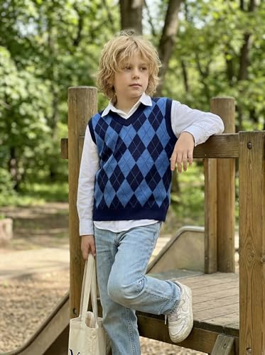 Image of SELINK Boys Girls V Neck Argyle Knit School Uniform Sweater Vest | Soft Cotton Polyester Blend Knitted Vest,Stockinette Stitch,Hand Wash Only For School Uniform Daily Wear