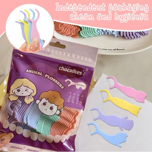 THXFUNAREA Zahnseide Kinder Dental Floss für engen Zahnzwischenräume Zahnseide Sticks mit 4 bunte Griffe in Form von Tier Fluorfrei, wachsfrei, rutschhemmend(2X40Stk) – Bild 5