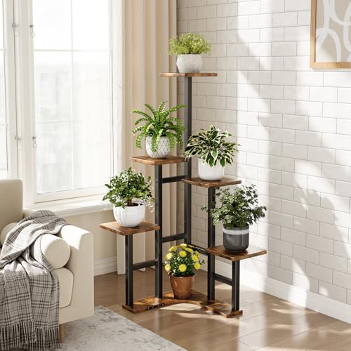 Image of Yzosvki Corner Plant Stand Indoor, 6 Tiered Corner Plant Shelf Flower Stand for Multiple Plants, Plant Shelves Organizer Rack for Living Room, Balcony, Patio, Garden, Square Rustic Brown