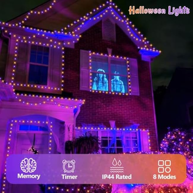 QITONG Orange and Purple Solar String Lights, 2 Pack Each 66ft 200 LED Halloween String Lights Outdoor Waterproof, 8 Modes Christmas Solar Light