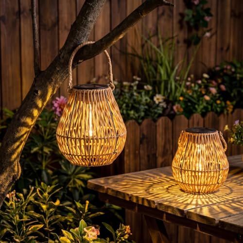 Lyeasw Solar Lantern Outdoor Waterproof, Boho Woven Solar Hanging Lantern Lights, 2 Pcs Decorative Warm White Solar Lights for Garden, Patio, Porch, Balcony, Backyard Decor, Housewarming Gift - image 9