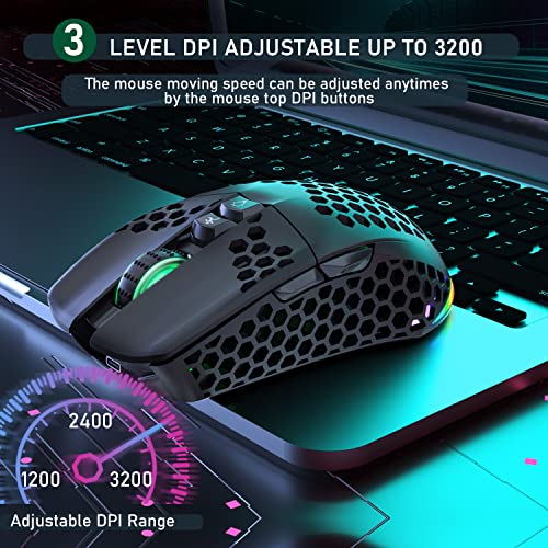 Solakaka Lightweight Wireless Gaming Mouse Bluetooth With Honeycomb Shell, Side Buttons, Rgb Lights, (2.4G/Bt5.0) Ergonomic Optical Rechargeable Computer Mice For Windows Pc/Mac - Black #TOP3