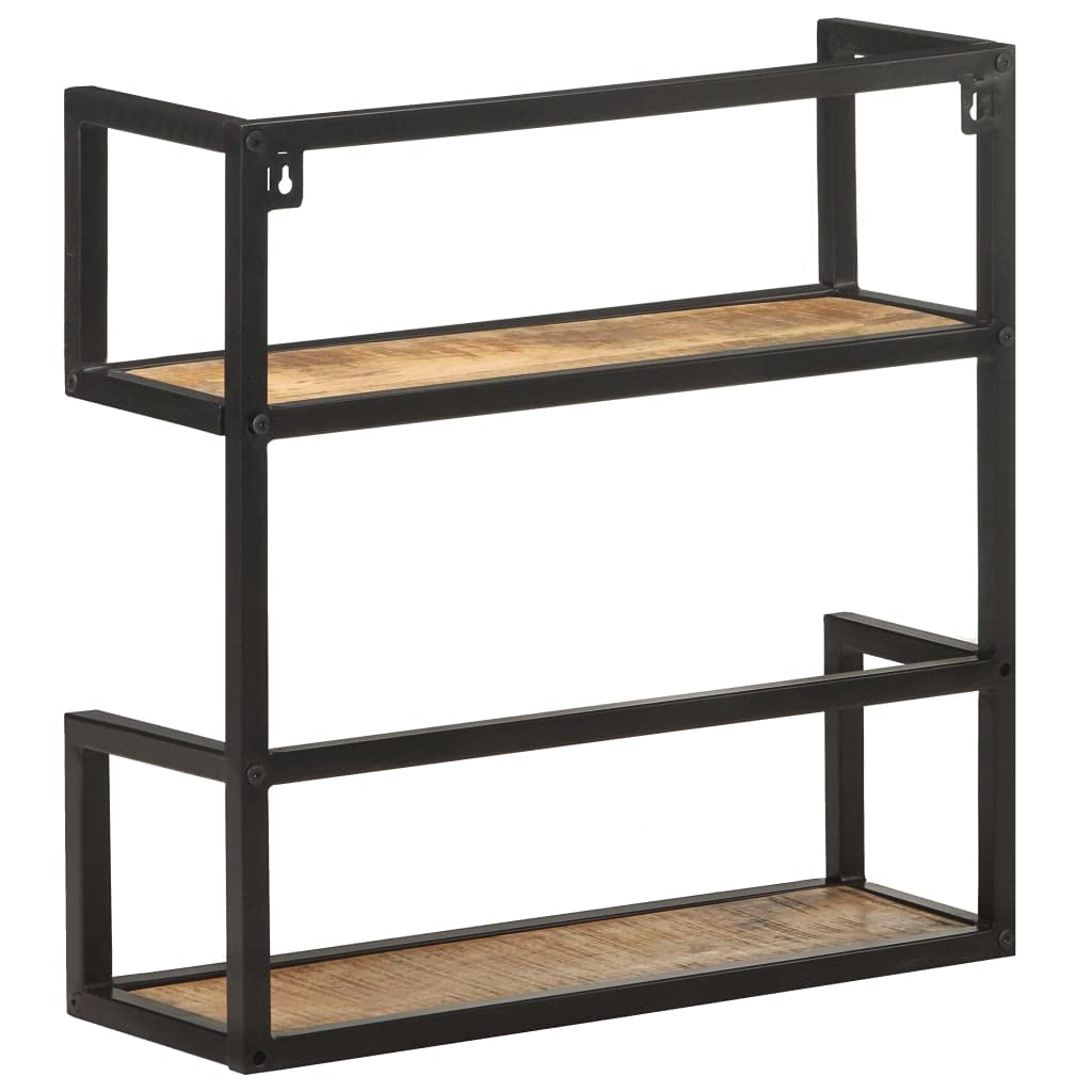 Mensola da parete in legno di mango grezzo 60 x 20 x 60 cm con 2 scomparti e struttura in ferro per libri e blocchi appunti – Robusto scaffale in legno con venature uniche e spazio di