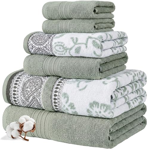 Image of Modern Threads 6 Piece Bath Towel Set - Bathroom Set with 2 Bath Towels, 2 Hand Towels, and 2 Wash Cloths - 100% Cotton, Super Absorbent & Extra Soft - Reversible Floral Trail (Sage Green)