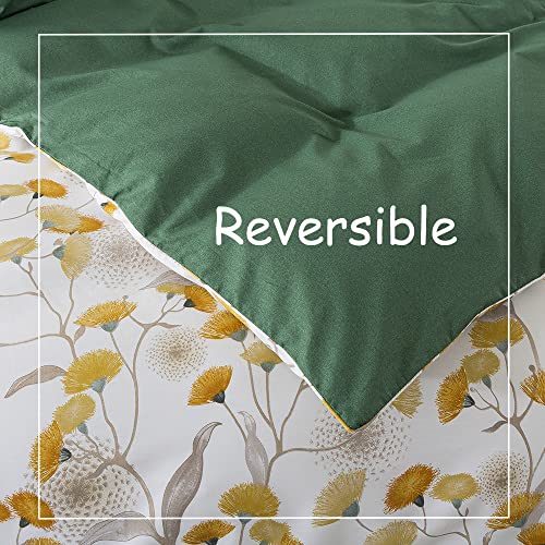 Fadfay Yellow Queen Duvet Cover Set 100% Egyptian Cotton Green White Reversible Floral Bedding Leaf Pattern Super Soft Comforter Cover Dandelion Printed Nature Farmhouse Zipper Bedding 3Pcs #TOP6