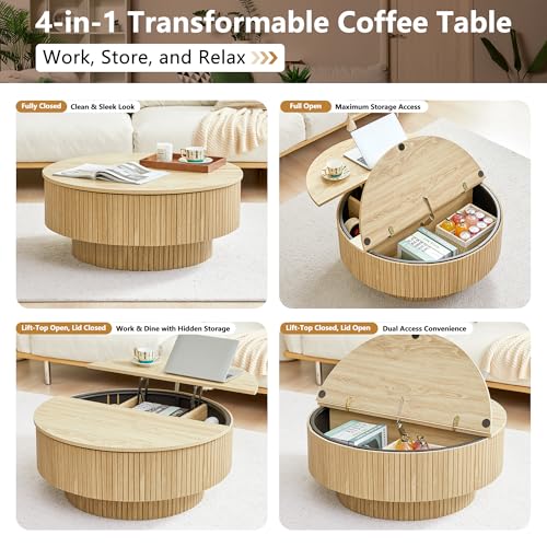 Image of 33 inch Round Coffee Table with Lift-Top & Flip-Top Storage, Modern Accent Fluted Coffee Tables with Metal Frame, Wooden Circle Center Table for Living Room Small Space Apartment Office (Natural)