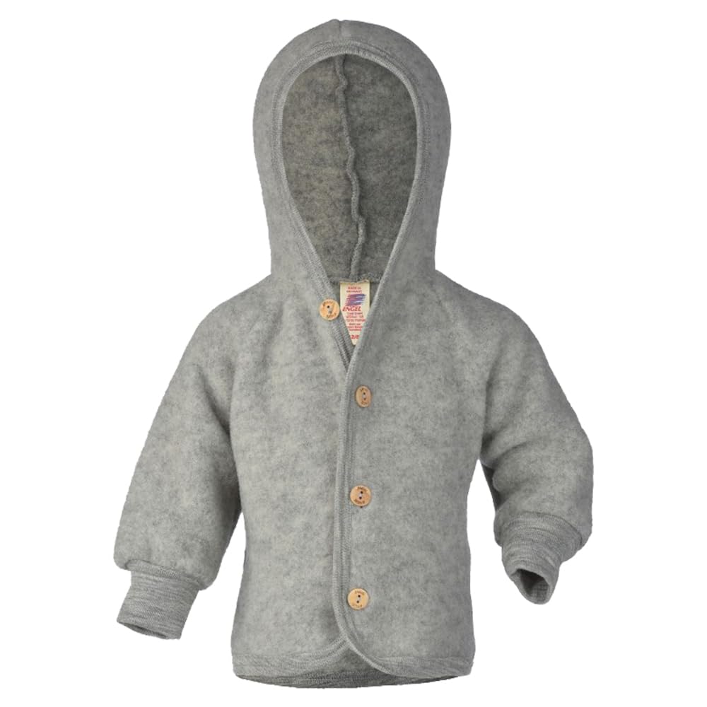 Kids Thermal Jacket Cardigan with Hood, Organic Merino Wool Fleece (Grey, EU 110-116)