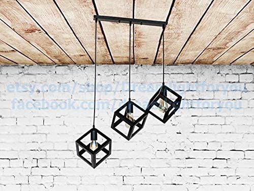 Image of GreyWings Black Metal Cube Geometric Cluster Hanging Pendant Light, 3 Shade Modern Linear Ceiling Lamp, Dining, Living Room, Kitchen, (Bulbs not Included) Linear Set