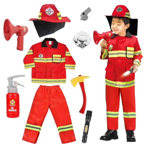 LGZIN Disfraz de Bombero para Niños, Disfraz de Bombero Juego, Accesorios de Bombero, Set de Juego de Rol de Bombero para Niños Niñas Carnaval Halloween 3 4 5 6 7 8 Años