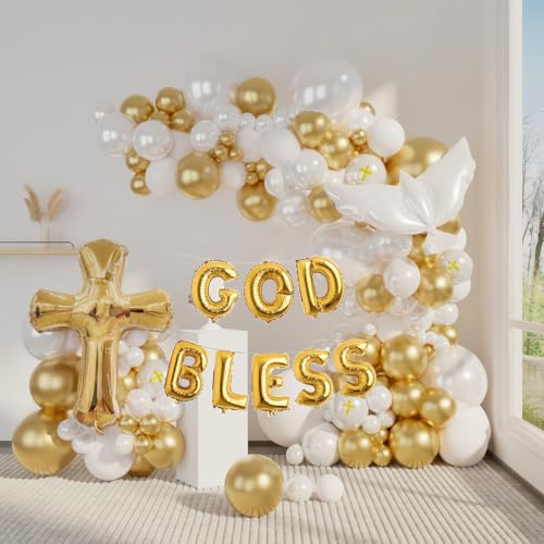 First Communion Decorations white and gold Balloon Garland Arch Kit white gold pearlescent white Balloons with Cross Balloon for God Bless foil balloon Christening Baptism Party Baby shower Supplies