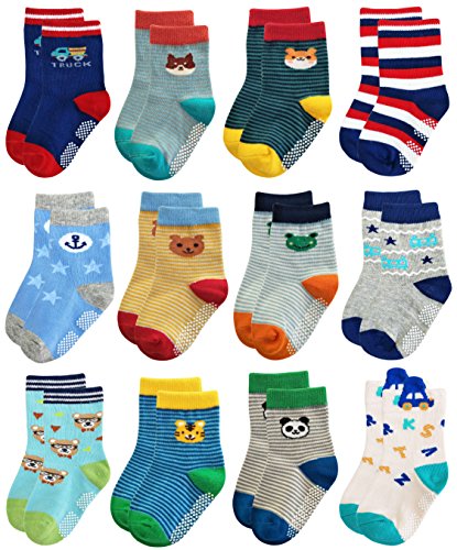RATIVE RB-71317 Non Skid Anti Slip Slipper Cotton Striped Crew Dress Socks with Grips for Baby Toddler Boys (3-5 Years, RB-71317)