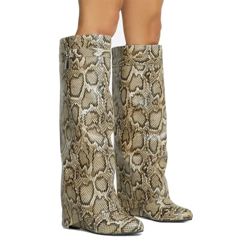 Image of Knee High Boots Womens Wedge High Heels Shark Boots Fold Over Pull-on Pointed Toe Tall Fashion Boots for Women