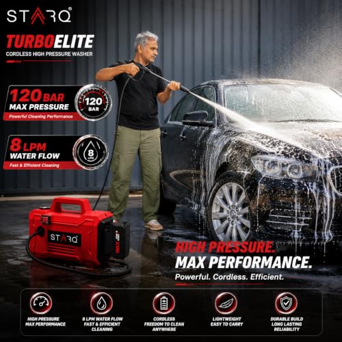 Image of STARQ TurboElite 48V Cordless High Pressure Washer, 1200 Watts, 120 Bar, 8 LPM, with 2 x 5000mAh Batteries, 8 Meter Hose Portable Car, Bike, and Home Cleaning (Double Battery Included)