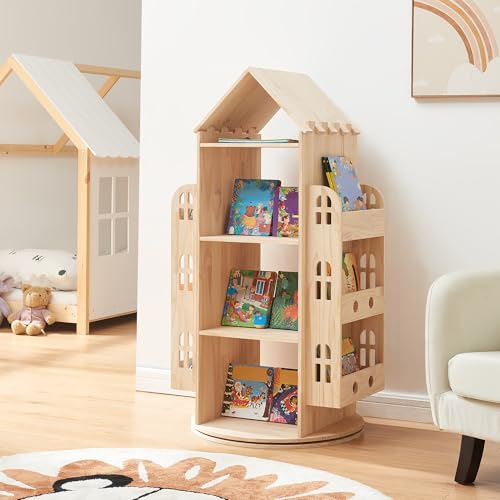 [en.casa] Étagère à Livres Pivotante Bibliothèque Rotative à 4 Niveaux avec Compartiments Ouverts pour Enfants en Forme de Maison Chambre Salon Bois de...