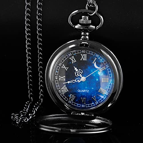 Tiong Blue Starry Pocket Watch Starry Night Roman Numbers Scale Quartz Pocket Watches With Chain Christmas Graduation Birthday Gifts Fathers Day #TOP2