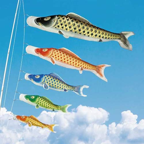 Koinobori Japanese Carp Streamer - 5 Color - 1.5m/1.64yd - Gold Kagayaki Shining [Standard Ship by Int'l e-Packet: with Tracking & Insurance] (Blue, 1.5m/1.64yd)