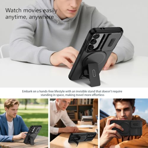 Image of ShieldTech MagStand Series Case for Samsung Galaxy S24 FE 5G, Mobile Phone Cover with Sliding Camera Shield, Kickstand, MagSafe, Shockproof for Samsung Galaxy S24 FE 5G - Black