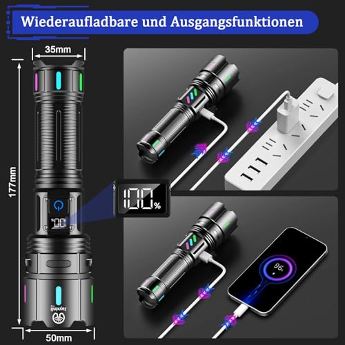 Jayxinli Taschenlampe LED Aufladbar 1,000,000 Lumen, Extrem Hell, Starke, 5 Lichtmodi, Zoombar, 5000 mAh Batte, IPX7 Wasserdicht Taschenlampen für Camping, Outdoor, Notfäll – Bild 6
