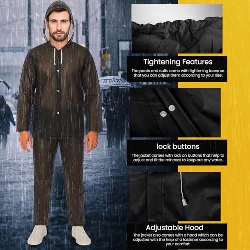 Image of Pivalo EVA Rainsuit Set 75 GSM with Adjustable Hood Full Sleeves Lightweight Raincoat with Pants waterproof Reusable Outdoor Travel Rainwear for Bike Riders Men (Pack of 1, Black)