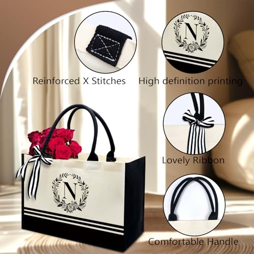 Image of Personalized Initial Canvas Tote Bags, Monogrammed Tote Bag Gifts for Women Teacher Friend for Birthday Wedding