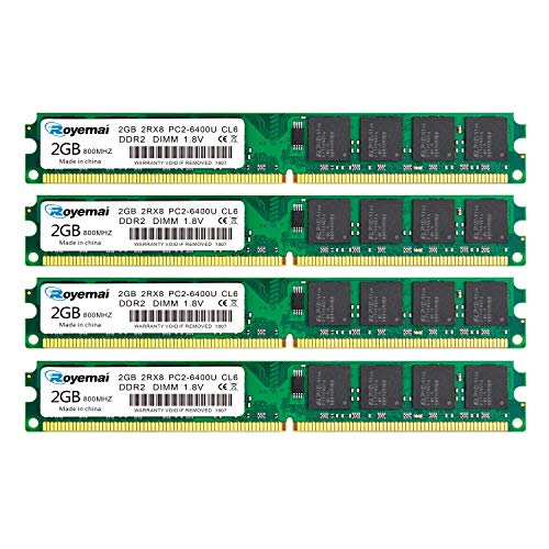 Image of 8GB Kit (4x2GB) DDR2 800Mhz Udimm RAM, Royemai DDR2-800U PC2-6400 2GB 1.8V CL6 240-pin 2Rx8 Non-ECC Unbuffered Desktop Computer RAM Memory Modules