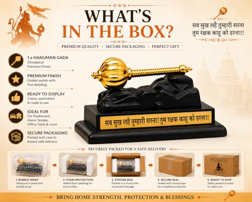 Image of Hanuman Gada Gold Plated Idol for Car Dashboard, Home Decor & Office Table | Bajrangbali Murti for Pooja Room | Spiritual Gift Item for Housewarming | Gold | 6 cm