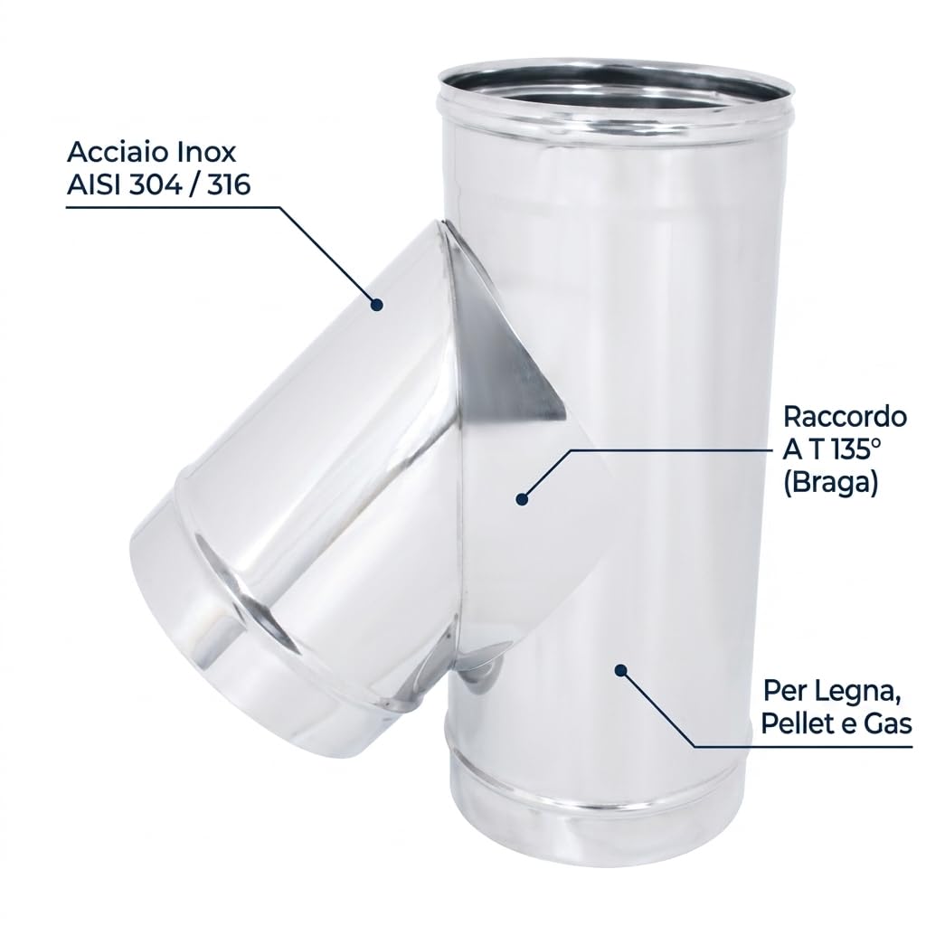 MAKA Raccordo a T 135° Braga per Canna Fumaria in Acciaio Inox, Raccordo Inclinato Monoparete per Stufa a Legna Pellet e Caldaia (Ø 120 mm, AISI 304)