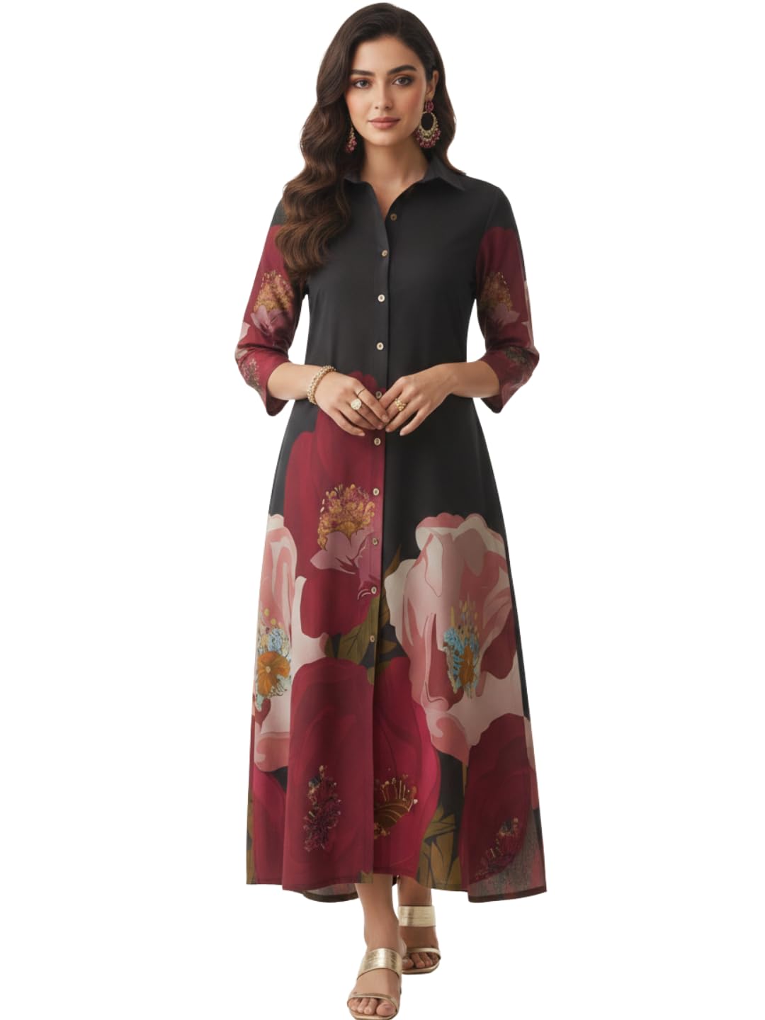 Women's Maroon Floral Printed Shirt Collar Midi Dress | Long Sleeve A-Line Dress with Pockets | Chinoiserie Printed Dress for Office, Casual & Night Out Wear-image-43