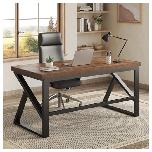 IBF Natural Real Wood Computer Desk, Rustic Writing Study Table for Student, Solid Wooden and Metal Gaming Home Office Desk, Farmhouse Industrial Modern Executive Work Desk Workstation, Brown, 55 Inch