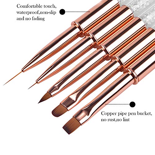 Ycyan 5Pcs Nail Art Brush Set Rhinestone Handle Gel Polish Nail Art Design Brushes With Uv Gel Nail Brush, Nail Art Liner Brush, Nail Drawing Brush For Salon And Home Diy Manicure Rose Gold #TOP1
