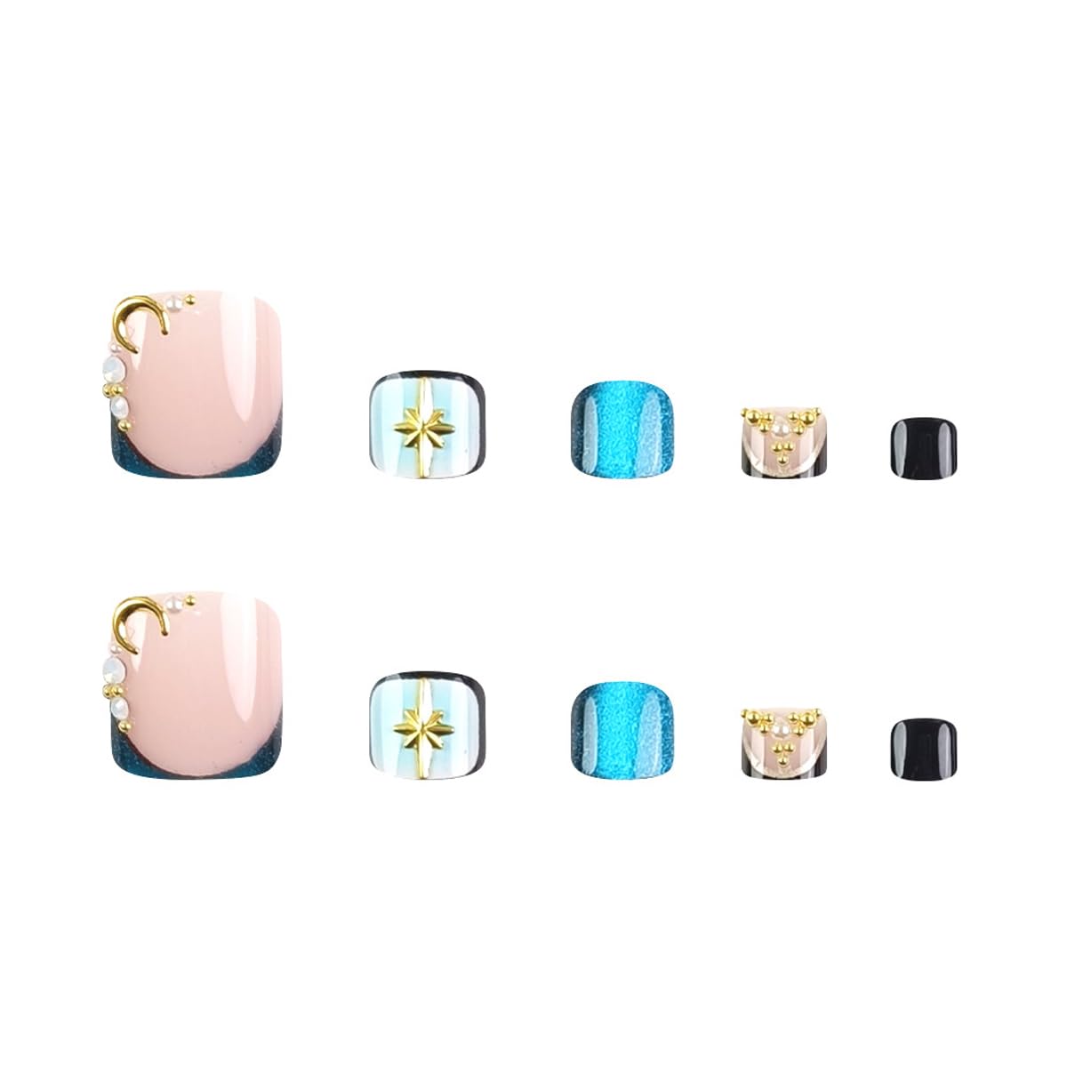 Teal French Tip Press on ToeNails Star Moon Rhinestone Design Fake Toenails | Nude Base Glitter French Trim, Gold Star Moon Charms, Pre-Made Reusable Press On Toenails For Elegant Pedicure