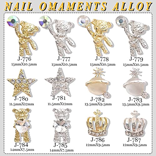 24 Pcs Nail Art Rhinestones Shiny Alloy Gold Silver Bear Starfish Planet Crown Nail Charms Metal Glitter Nail Art Accessories For Girls Diy Crafts Decoration Supplies (12 Styles) #TOP1