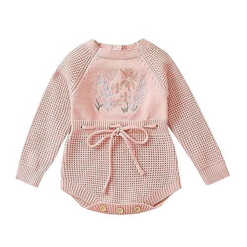 Image of Ursobutegl Baby Girl Knitted Romper Sweater Long Sleeve Knit Embroidery Floral One Piece Bodysuits Warm Fall Winter Clothes