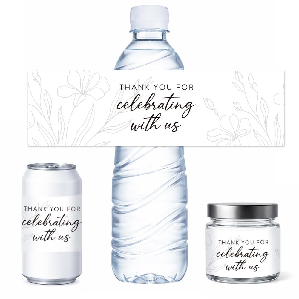 PH PandaHall 100Pcs Water Bottle Wraps Waterproof Decorative Sticker with Floral Patterns Thank You for Celebraiting with Us Stickers for Wedding, Bridal,Birthday Party Event Decorations