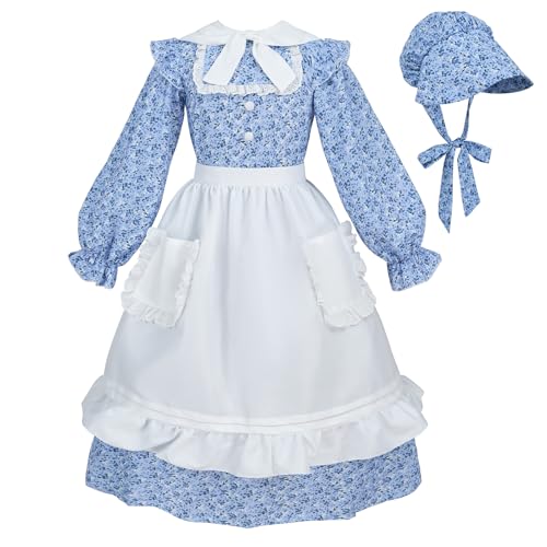 LTAKK Colonial Dress Girls Pioneer Costume Prairie Pilgrim Girl Dresses Long Sleeves, Indigo Blue, XL, age over 4 years old