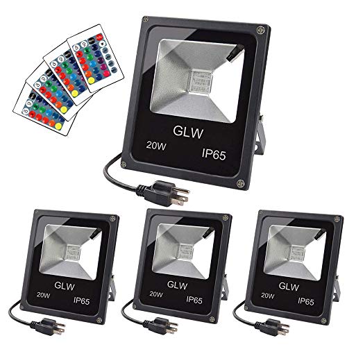 GLW 20W RGB LED Flood Lights Color Changing Floodlight with Remote Control IP65 Waterproof Outdoor Landscape Lighting 16 Colors 4 Mode Dimmable Wall Washer Light for Garden,Yard and More(4 Pack)
