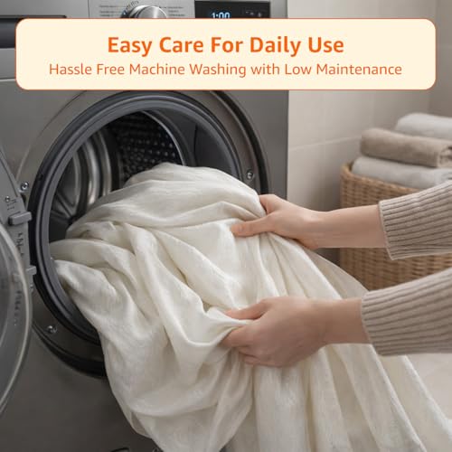 Image of Amazon Basics Shower Curtain 6 Feet | Waterproof Bathroom Curtain | PVC-Free, No Plastic Smell | Machine Washable Fabric | Off-White | 6ft Wide | 12 Hooks -180 CM X 180 CM