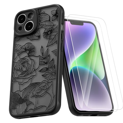 Coque iPhone 14 Plus noire à motif floral mignon avec 2 verres trempés
