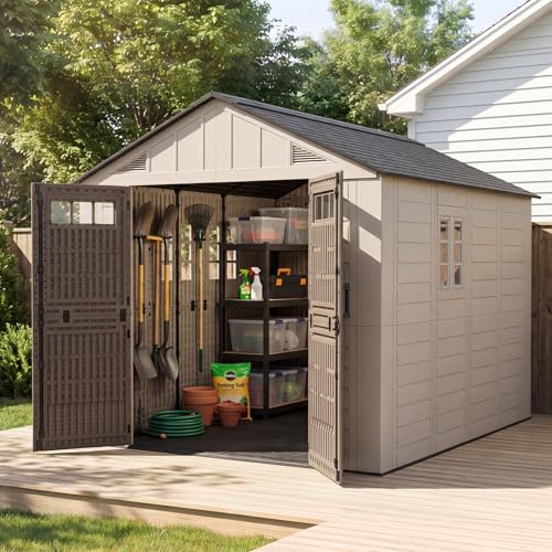 Image of LazySunsets 8x10 Ft Outdoor Storage Shed, Large Resin Outdoor Shed with Floor Included, 3 Windows & Lockable Door, Garden Plastic Storage Sheds for Bike, Lawn Tools, Garbage Can